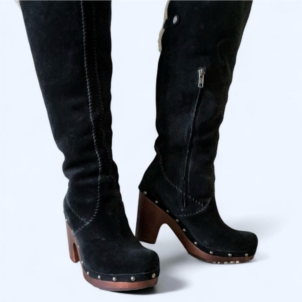 UGG Black Suede Heeled Boots with Brown Accents